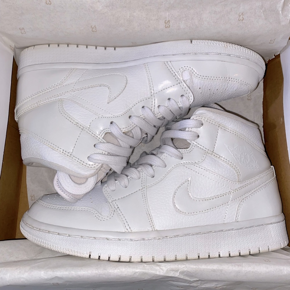 SOLD Jordan 1 mid triple white patent swoosh